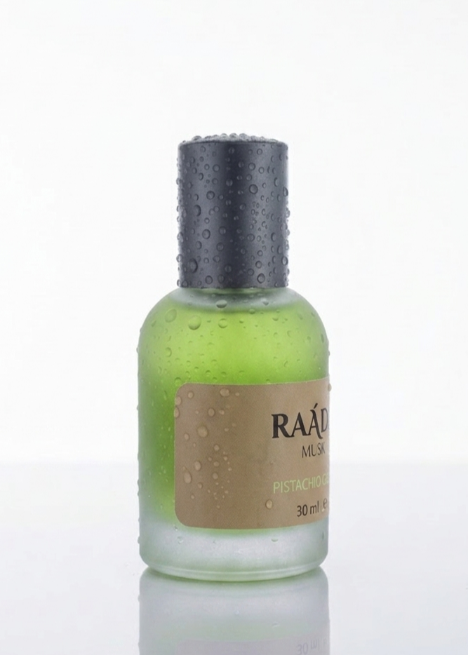 A 30ml bottle of RAADA Musk Pistachio Gelato. Notes: Pistachio, whipped cream, hazelnut, sweet rum, marshmallow 
