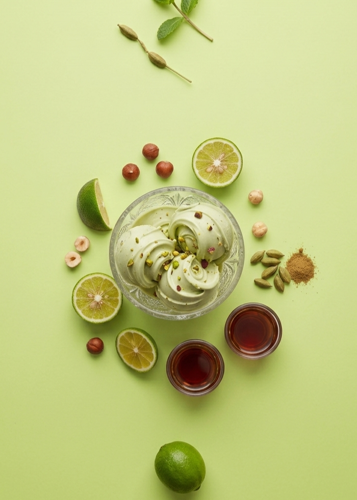 Pistachio Gelato perfume notes. A styled flat-lay of a green tea and lime ice cream or gelato dessert in a clear glass bowl, surrounded by fresh lime slices, small red berries, pistachios, cardamom pods, and two small glasses of dark tea on a light green background.
Notes: Pistachio, whipped cream, hazelnut, sweet rum, marshmallow 